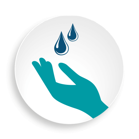 Button mit Illustration einer Hand mit reinfallenden Wassertropfen